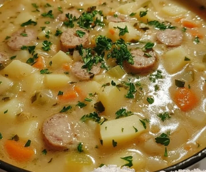 Bowl of creamy potato soup topped with herbs and spices