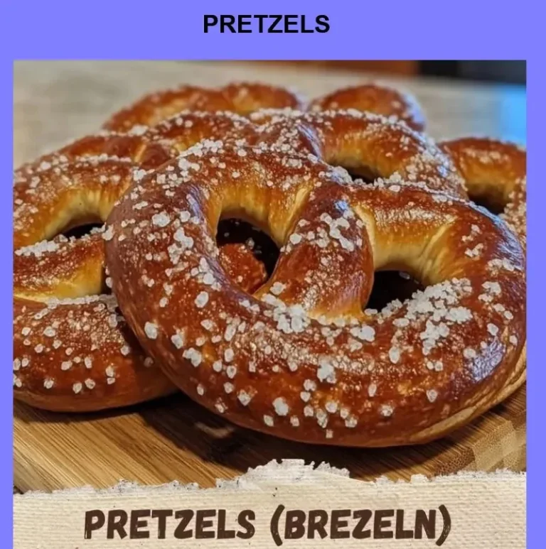 Freshly baked pretzels sprinkled with coarse salt on a wooden table