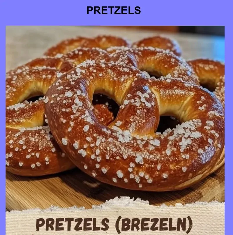 Freshly baked pretzels sprinkled with coarse salt on a wooden table