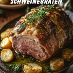 Deliciously roasted pork with herbs and spices served on a platter.