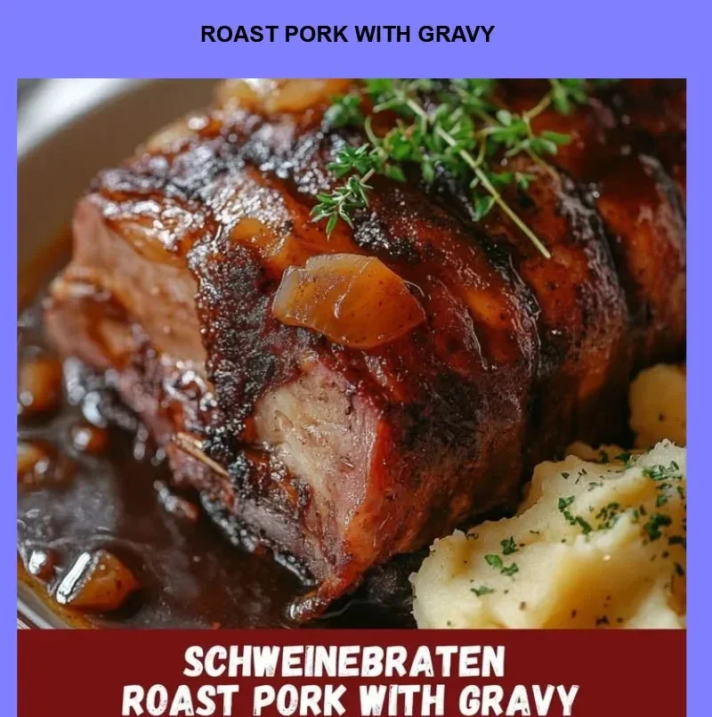 Delicious roast pork served with rich, savory gravy on a plate.