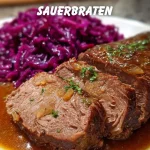 A beautifully plated Sauer Roast showcasing its rich color and texture.