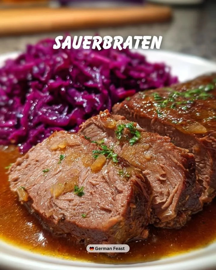 A beautifully plated Sauer Roast showcasing its rich color and texture.