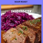 Plate of sour roast garnished with herbs and vegetables, showcasing rich flavors.