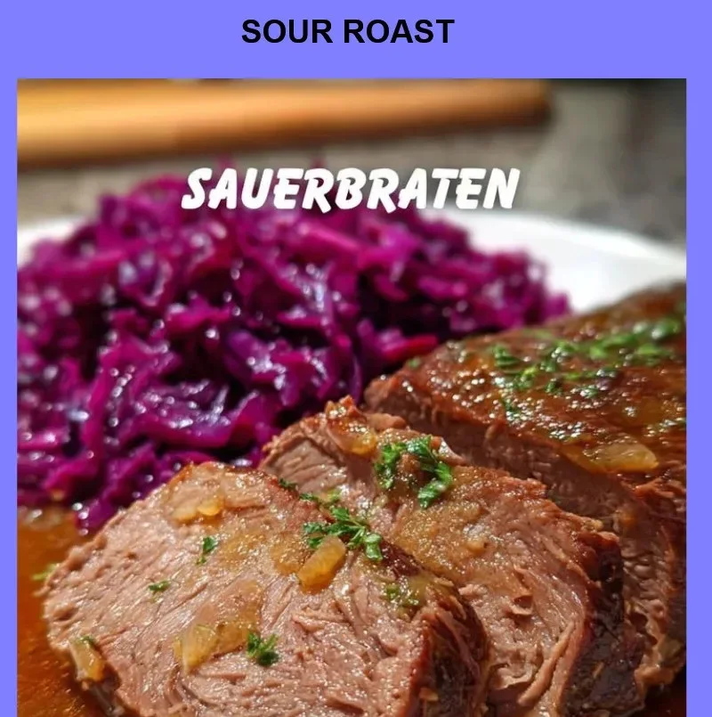 Plate of sour roast garnished with herbs and vegetables, showcasing rich flavors.