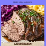 Delicious traditional German Sauerbraten served with sauerkraut and potatoes