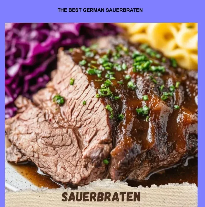 Delicious traditional German Sauerbraten served with sauerkraut and potatoes