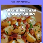 Bowl of warm German potato salad garnished with herbs and bacon