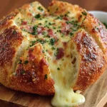 Cheese-Crusted Bread with Mozzarella and Bacon Bits Cheese-Crusted Bread topped with mozzarella and bacon bits