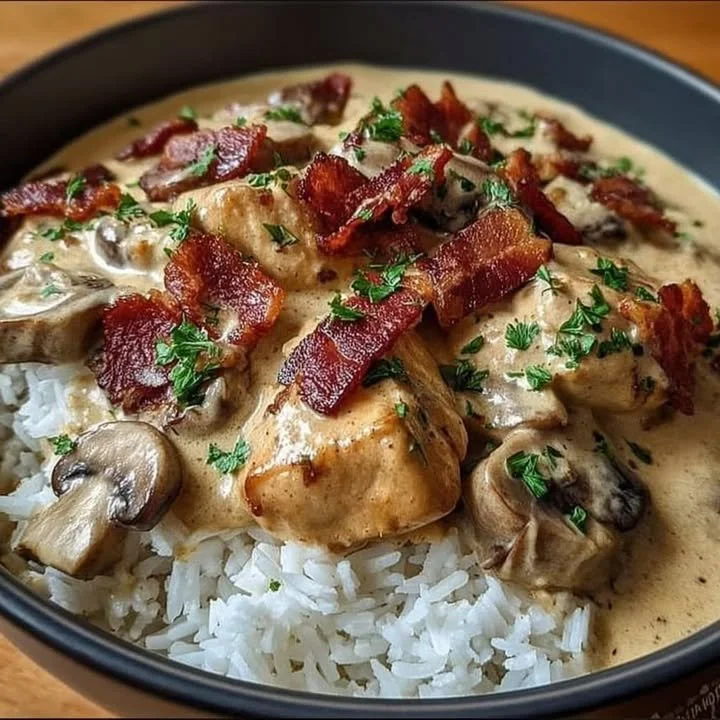 A delicious plate of Chicken Stroganoff with creamy sauce and mushrooms