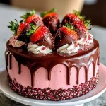 Chocolate-Dipped Strawberry Mousse Cake topped with fresh strawberries and chocolate.