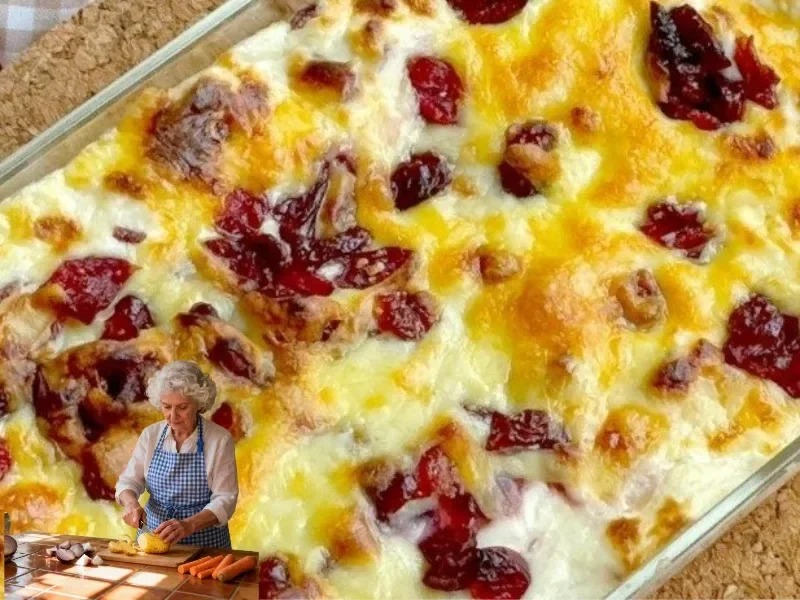 Delicious creamy cheese bake fresh from the oven, topped with herbs and spices.