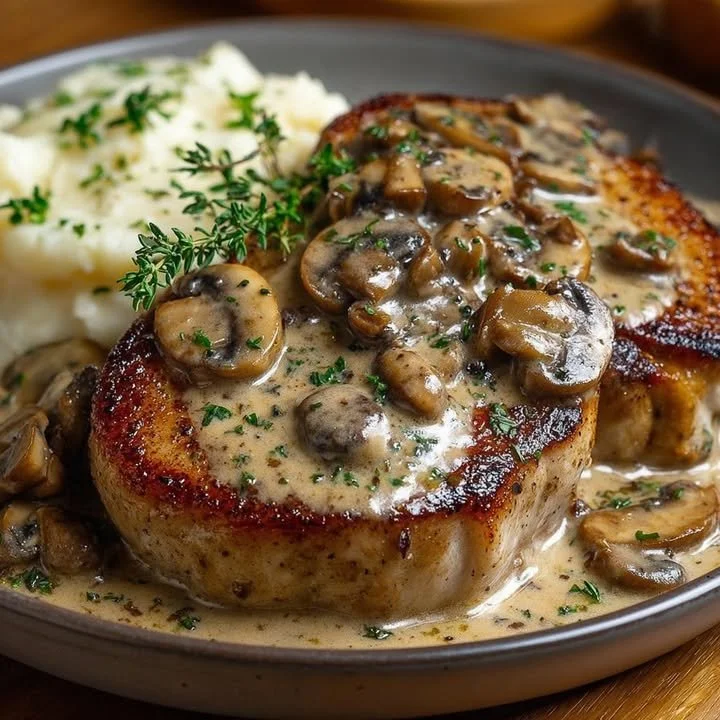Creamy pork chops with mushrooms served on a plate