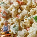 Bowl of easy macaroni salad with vegetables and dressing