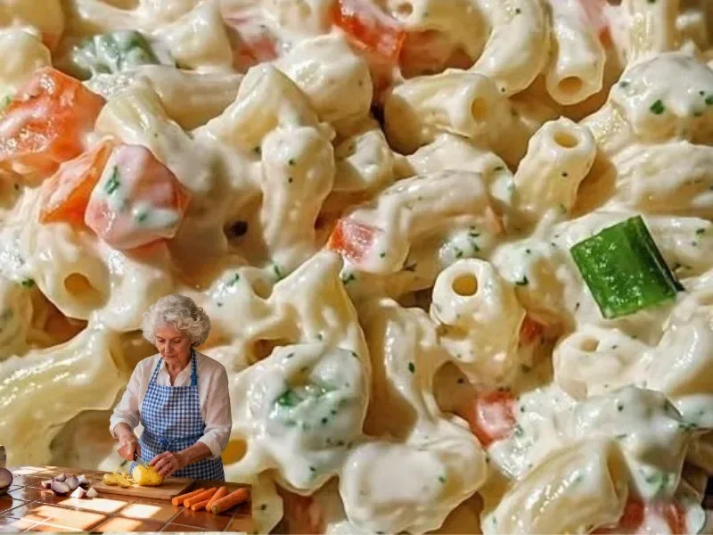 Bowl of easy macaroni salad with vegetables and dressing