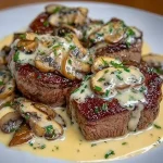Delicious filet mignon topped with Boursin cheese and sautéed mushrooms.