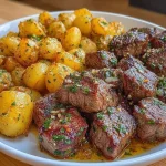Delicious Garlic Butter Potatoes served with Sautéed Steak Bites