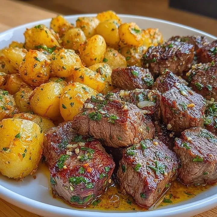 Delicious Garlic Butter Potatoes served with Sautéed Steak Bites