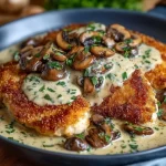 Golden crispy chicken served with mushroom and Parmesan sauce