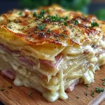 Gourmet potato lasagna layered with ham and cheese.
