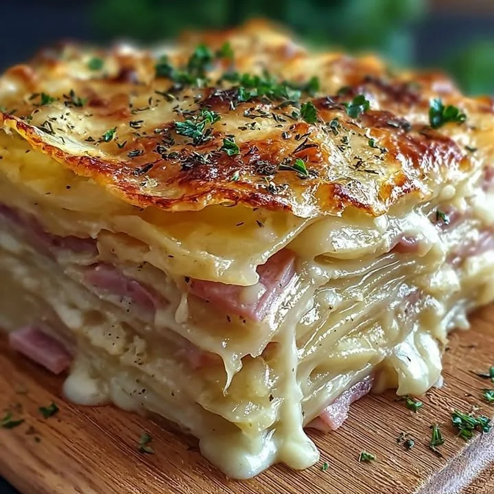 Gourmet potato lasagna layered with ham and cheese.