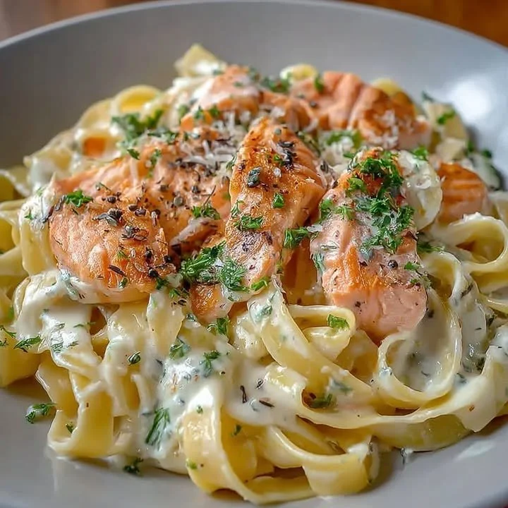 Mixed tagliatelle served with a rich salmon sauce
