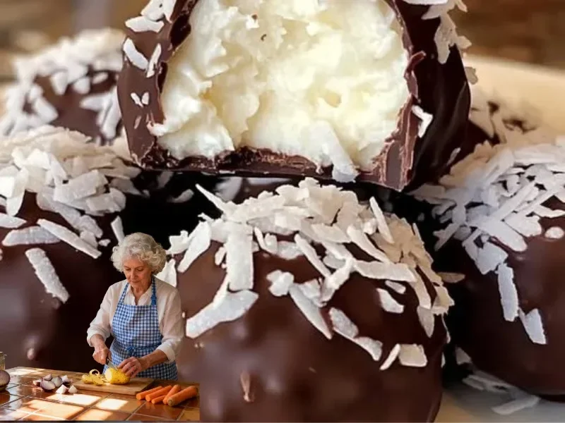 Delicious no bake coconut cream balls on a white plate garnished with coconut flakes.