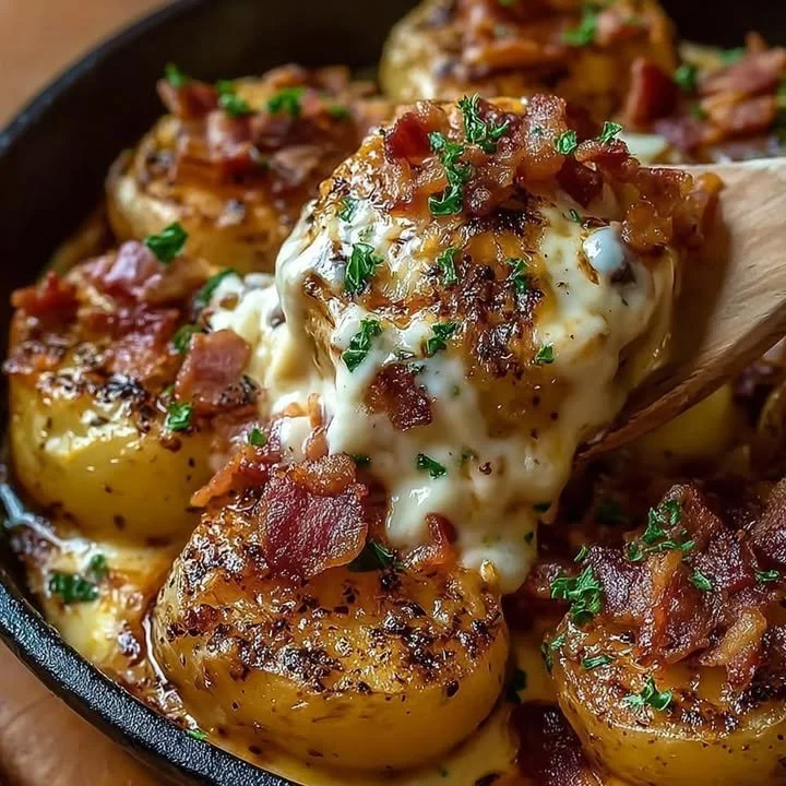 Cheesy potatoes with garlic and bacon, a delicious side dish.