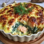 Creamy salmon and spinach gratin bake in a dish, garnished and ready to serve.