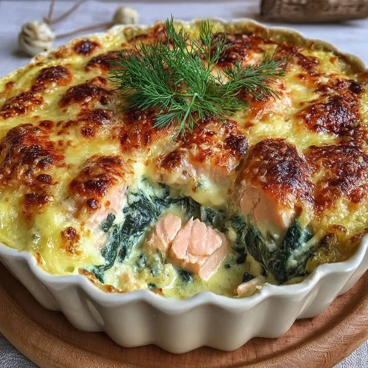 Creamy salmon and spinach gratin bake in a dish, garnished and ready to serve.
