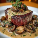Plate of Steak Diane topped with creamy cognac sauce and garnished with herbs