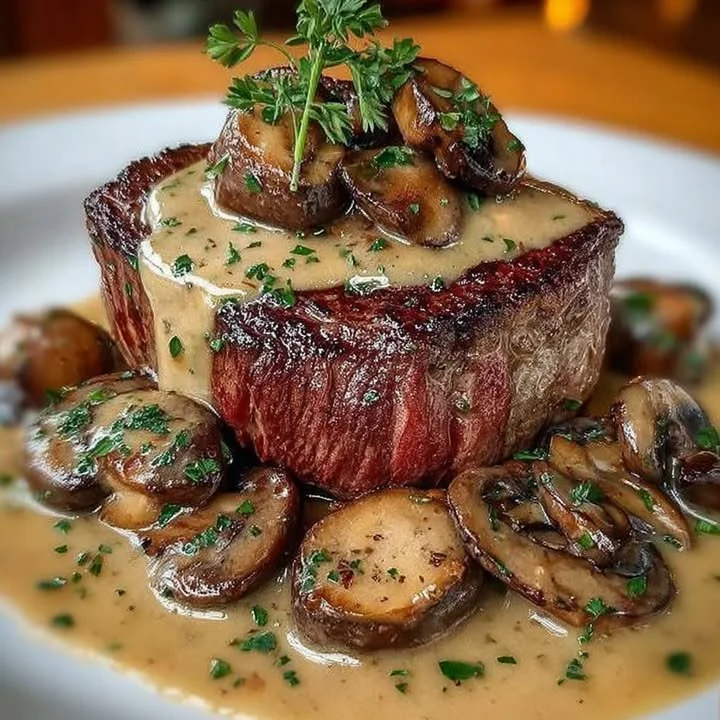 Plate of Steak Diane topped with creamy cognac sauce and garnished with herbs