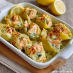 Stuffed conchiglioni with salmon and gratinated leeks on a plate