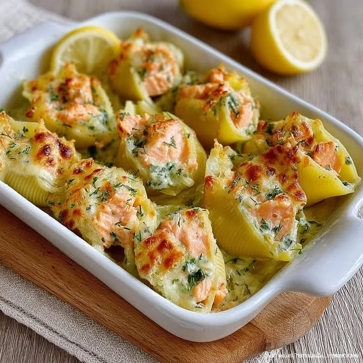 Stuffed conchiglioni with salmon and gratinated leeks on a plate