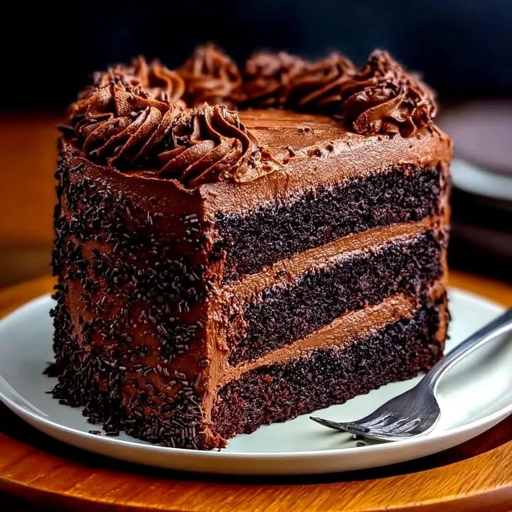 Ultra moist and pudgy chocolate cake topped with rich chocolate frosting