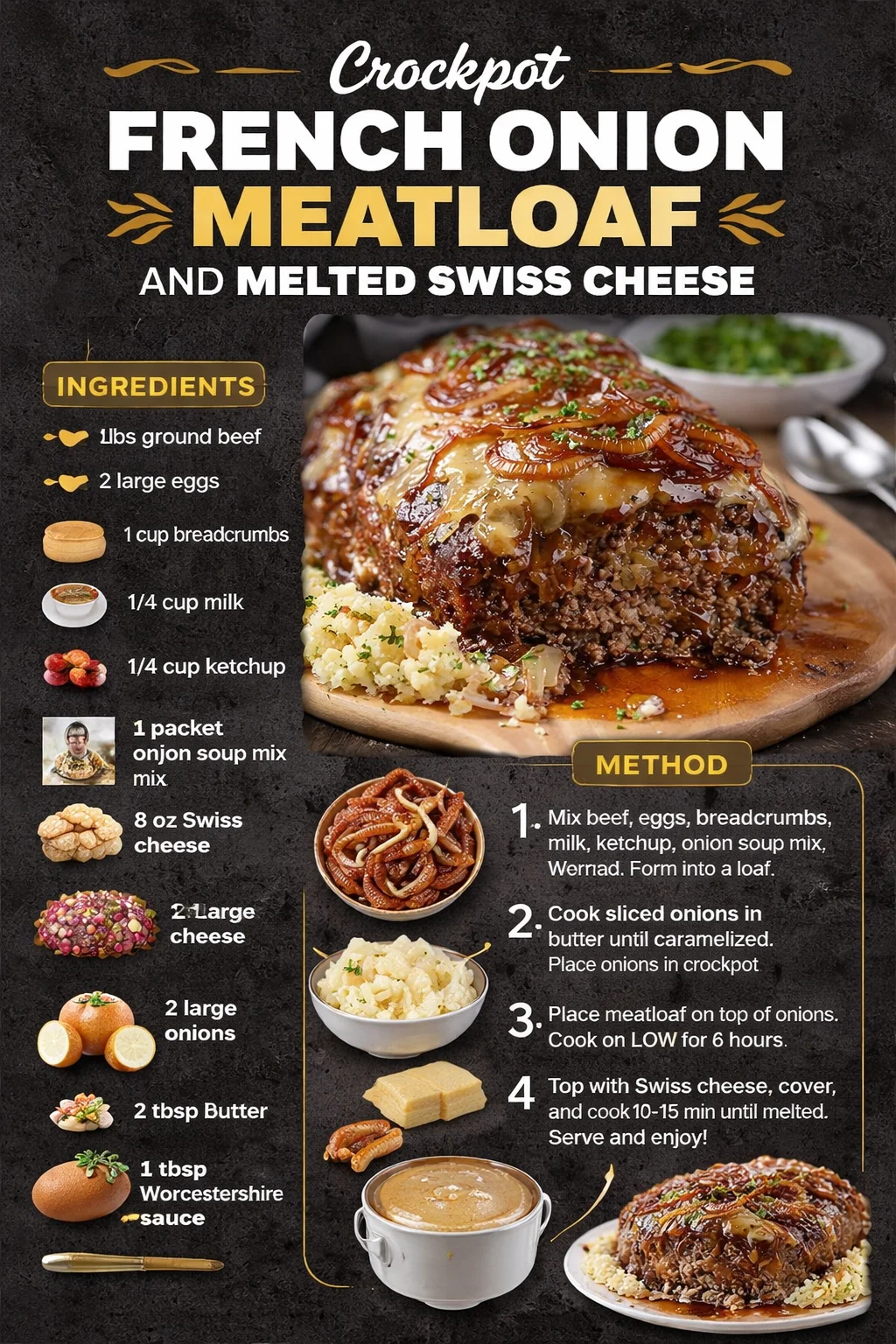 Crockpot French Onion Meatloaf and Melted Swiss Cheese