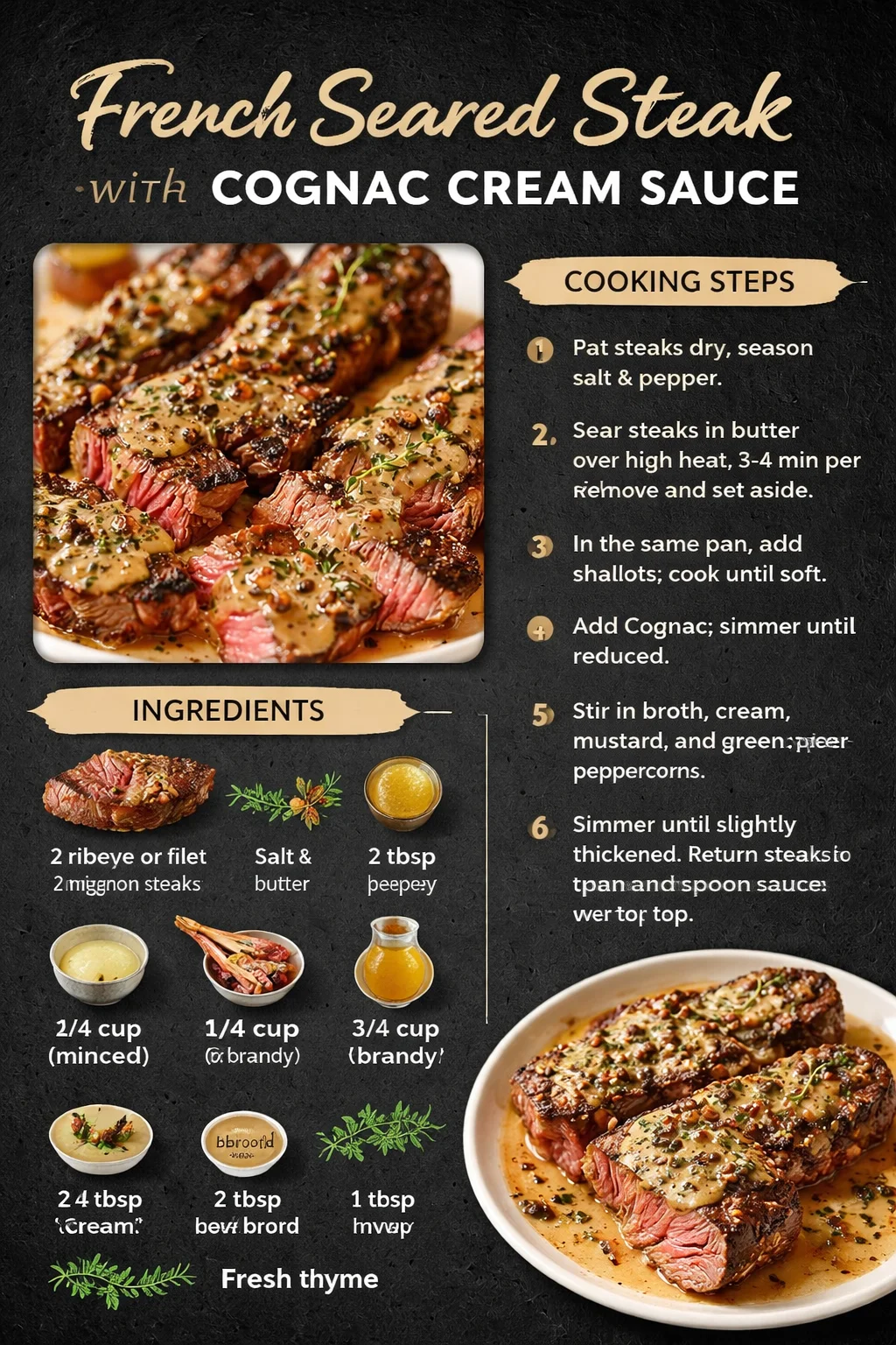 French Seared Steak with Cognac Cream Sauce