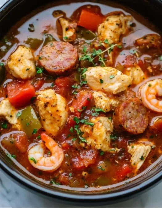 Delicious Cajun Chicken and Sausage Stew in a rustic bowl