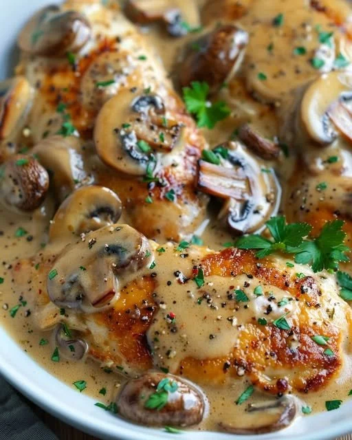Chicken Mushroom Skillet with creamy Asiago sauce and fresh mushrooms