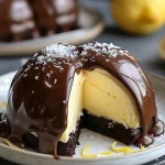 Chocolate Lemon Mousse Dome Decadent chocolate lemon mousse dome presented on a plate with garnishes.