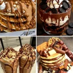 Delicious chocolate pancakes topped with ice cream and chocolate sauce