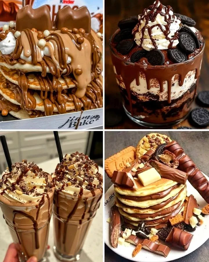 Delicious chocolate pancakes topped with ice cream and chocolate sauce