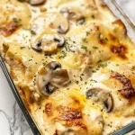 Creamy chicken and mushroom bake dish served on a plate