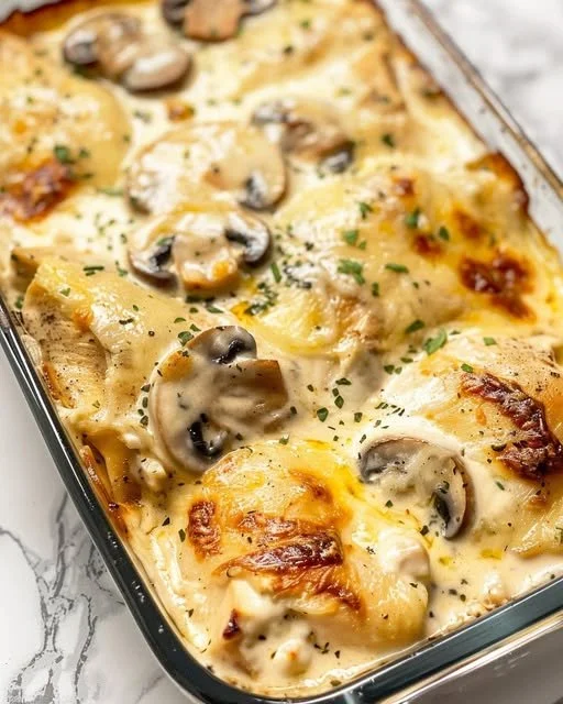Creamy chicken and mushroom bake dish served on a plate