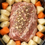 Crock Pot Pork Roast with Potatoes and Carrots ready to serve in a bowl