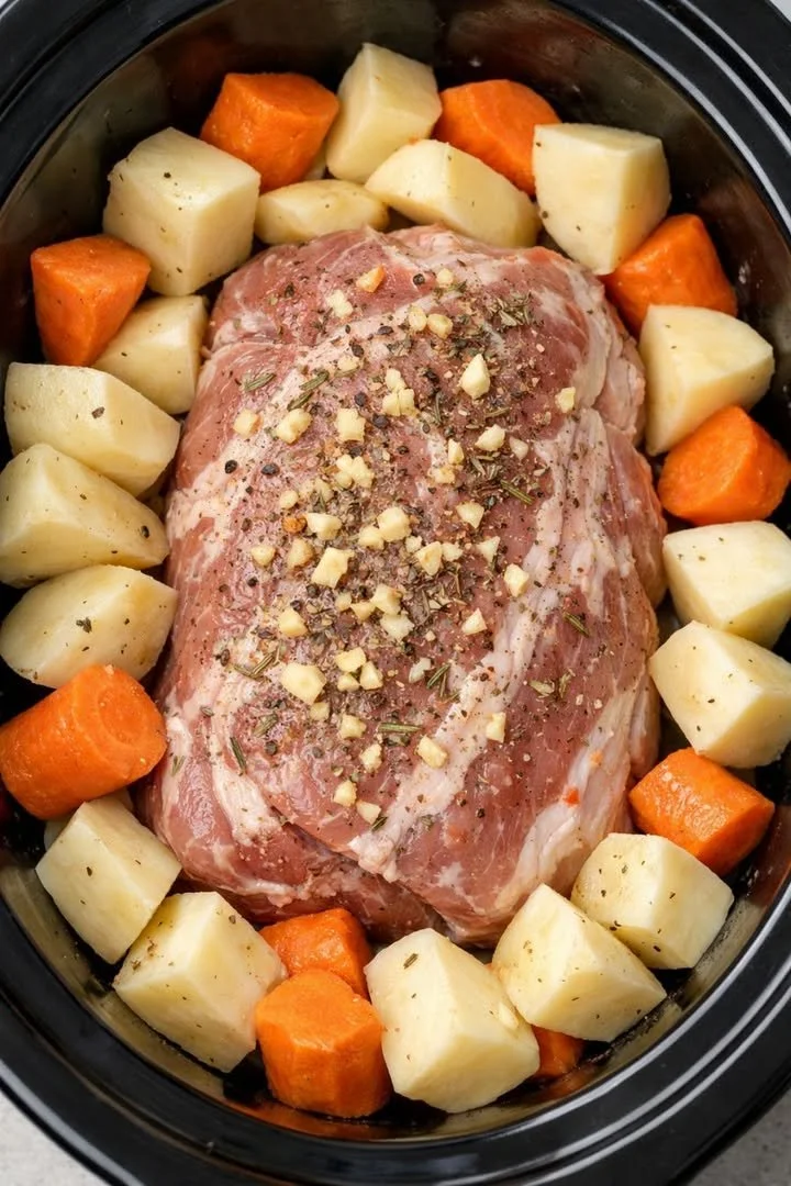 Crock Pot Pork Roast with Potatoes and Carrots ready to serve in a bowl