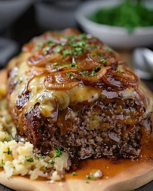 Crockpot French Onion Meatloaf and Melted Swiss Cheese