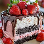 Decadent strawberry chocolate cake with ice cream layers for a delightful dessert