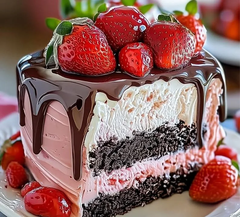 Decadent strawberry chocolate cake with ice cream layers for a delightful dessert