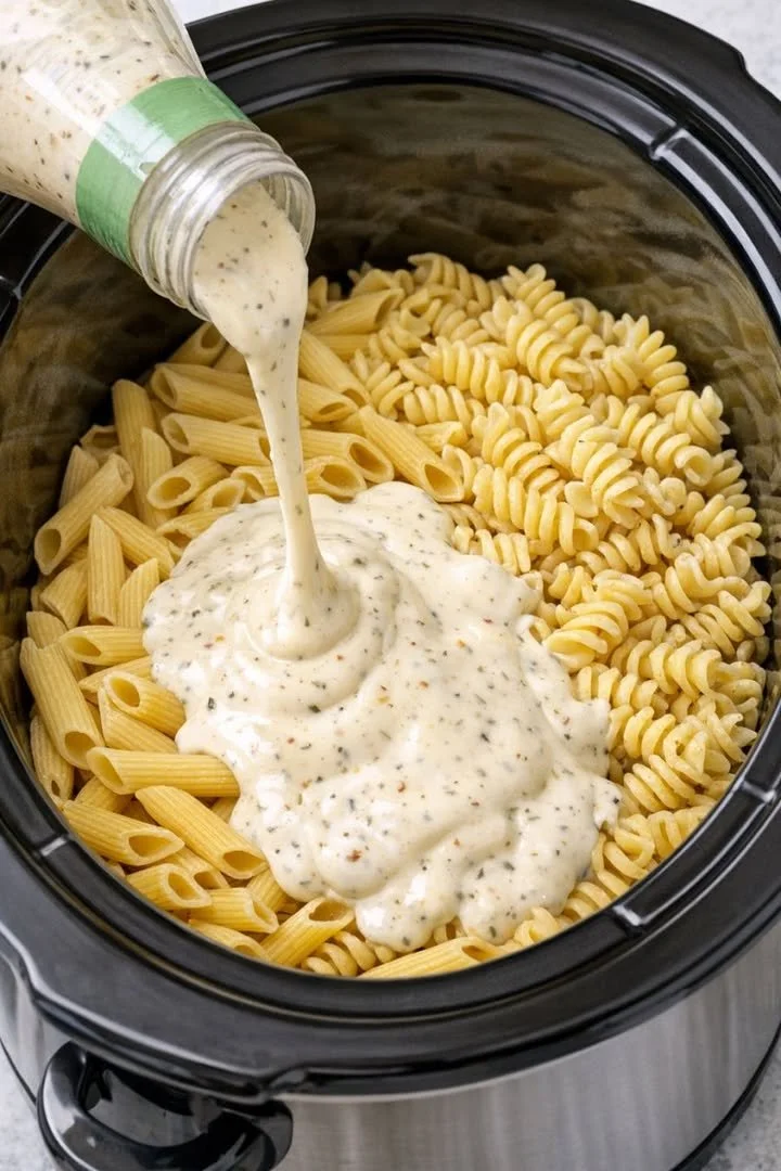 A delicious bowl of easy slow cooker pasta with fresh ingredients.